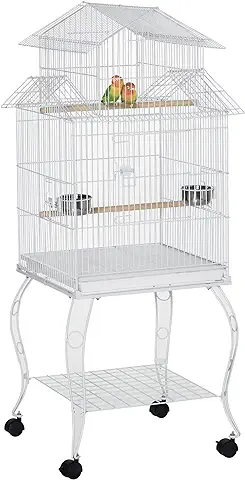 PawHut Jaula para Pájaros con Ruedas Jaula Grande con Soporte 50x49x137 cm con Bandeja Extraíble Puertas Comederos Perchas y Estante Inferior para Canarios Periquitos Blanco  