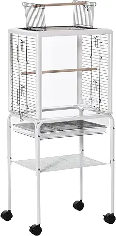 PawHut Jaula para Pájaros con Soporte Desmontable Jaula de Aves Canarios con 4 Ruedas Techo Abrible 2 Comederos 2 Perchas Bandeja Extraíble y Rejillas 47x35x106,5 cm Blanco  