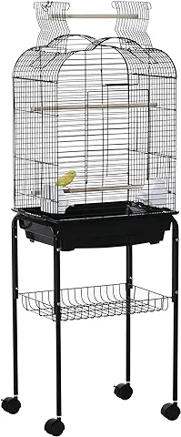 PawHut Jaula para Pájaros con Soporte Jaula de Aves Canarios con 4 Ruedas Techo Abrible 2 Comederos 3 Perchas Bandeja Extraíble y Estante Inferior 46x36x130 cm Negro  
