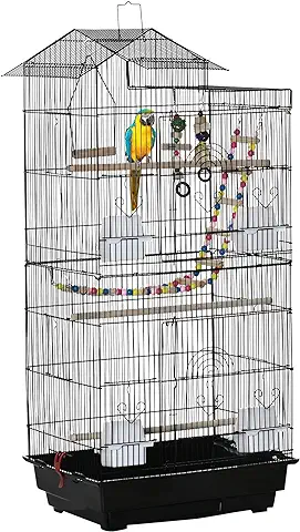 PawHut Jaula para Pájaros Pajarera de Metal con Múltiples Puertas 4 Comederos 3 Perchas Columpio Escaleras y Bandeja Extraíble para Loros Canarios Periquitos 46x36x100 cm Negro  