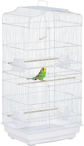 PawHut Jaula para Pájaros Pajarera de Metal con Puertas 4 Comederos 3 Perchas Columpio Bandeja Extraíble y Asa de Transporte para Loro Canario Periquito 46,5x35,5x92 cm Blanco  