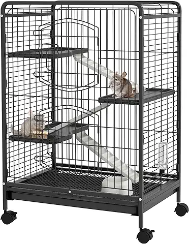 PawHut Jaula para Roedores con Ruedas 61,5x44,5x95 cm Jaula para Animales Pequeños con 2 Puertas 3 Plataformas Bandeja Extraíble Comedero y Bebedero para Conejos Cobayas Negro  