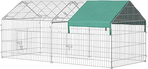 PawHut Jaula Recinto para Animales Pequeños 220x103x103 cm Jaula para Conejos Corral con 2 Puertas y Protección Contra Solar para Conejo Gallinas Patos Exterior Jardín Patio Plata y Verde  