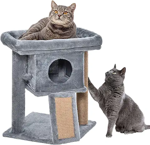 PawHut Árbol Rascador para Gatos Pequeños de 57 cm Torre para Gatos con Poste de Yute Rampa para Rascar Cama y Bola Colgante 40x40x57 cm Gris  