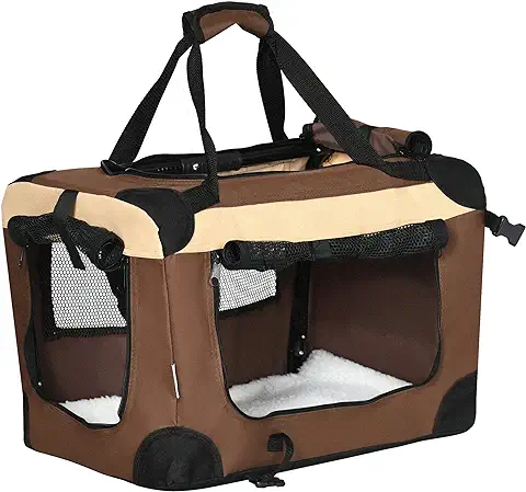 PawHut Transportín Mochila para Perros y Gatos Bolsa de Transporte para Mascotas Plegable con Cojín Suave y 2 Correas del Hombro para Coche Avión Viaje 50,5x33,5x35 cm Marrón  