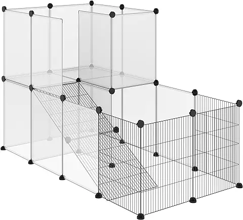 PawHut Valla para Animales Pequeños DIY con 21 Paneles de Resina y 6 Paneles de Alambre Jaula Modular de Plástico para Cobayas Conejos 140x70x90 cm Translúcido y Negro  