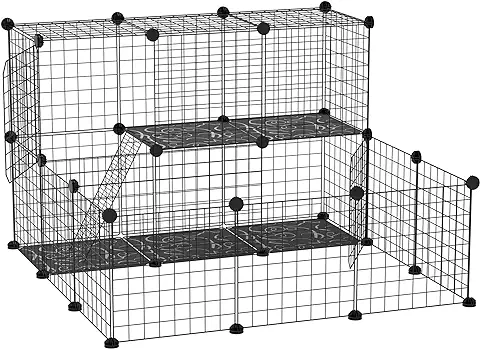 PawHut Valla para Animales Pequeños DIY con 24 Paneles Parque para Mascotas con Malla Metálica Jaula Modular para Cobayas Conejos Chinchillas 105x105x70 cm Negro  