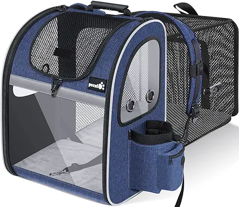 Pecute Transportin Gato Mochilas para Gatos y Perro Bolsa para Mascotas Expandible y Plegable, Carga Máxima 8 kg, para Viajar en tren / Automóvil / Restaurante / Avión (Azul, Ventana Transparente)  