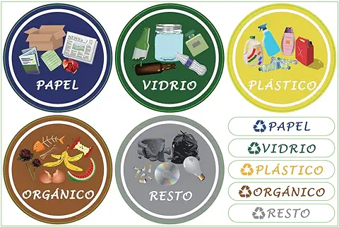 Pegatinas para el Reciclaje,6 Etiquetes Adhesives per al Reciclatge D'Escombraries, Adhesius per a la Gestió de Residus,Cadascuna Diámetro 9.8cm,Texto en Españo  