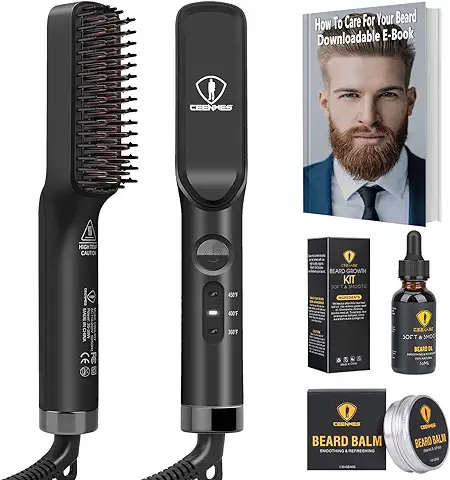 Peine Barba Hombre 3 en 1 Alisador Barba con Crema de Barba y Aceite de Barba Plancha Barba,3 Temperaturas Ajustables, Peine Alisador Electrico de Cerámica  