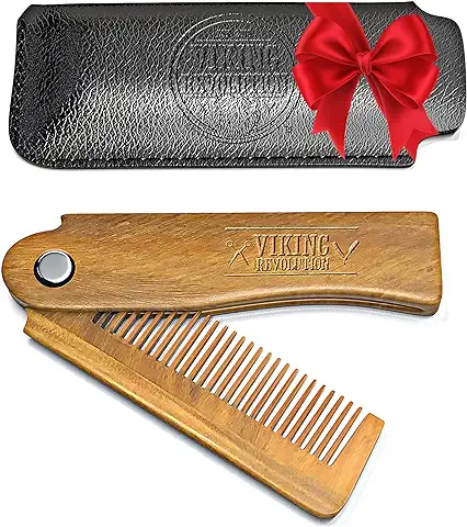 Peine Barba Hombre Plegable con Bolsa de Transporte - Peine Bigote con Caja de Regalo - Peine de Madera de Sándalo Verde Natural para Peinar el Pelo, la Barba y el Bigote por Viking Revolution  