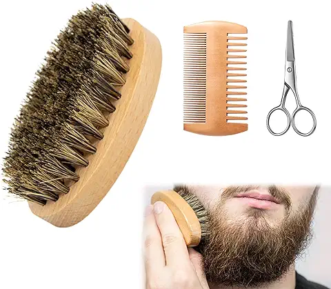Peine Barba,Set de Cepillo Barba,Peine Barba Hombre,Cepillo para Barba de Cerdas,Cepillo para Barba de Jabalí,Cepillo de Barba para Hombres,Peine de Madera de Doble AccióN,Peine Para Barba,3pcs  