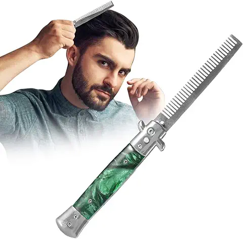 Peine de Barba,plantilla Barba de Cepillo Plegable del Hairstyling del Peine del pelo del Aceite del Bolsillo del Acero Inoxidable(Verde)  