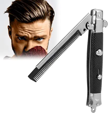 Peine de Bolsillo Plegable con Botón de Empuje Automático, de Acero Inoxidable, para Barba y Bigote, Accesorios para Cabello para Hombre  