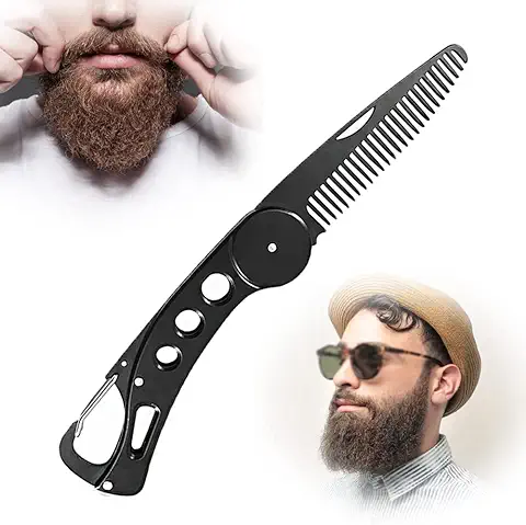 Peine de Hombres, Peine de Barba de Acero Inoxidable, Peine Plegable para Hombres, Peine Barba Plegable - Bolsa de Viaje - para El Pelo, La Barba, El Bigote y El Aseo (Negro)  