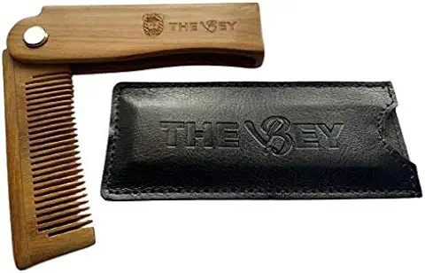 Peine de Madera de Sándalo, para Cuidado de Barba y Pelo, Plegable y Funda de Cuero Sintético.  