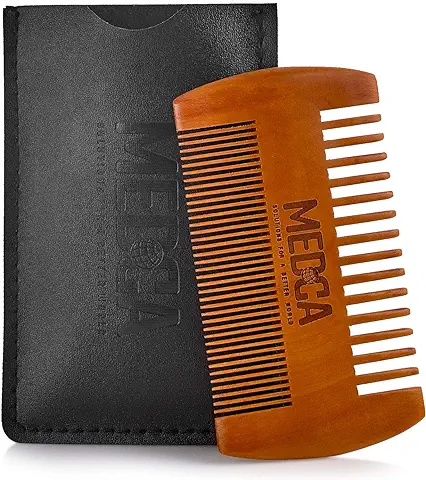 Peine de Madera para Barba con Estuche de Cuero -Peines Artesanales de Madera de haya Maciza para Barba, Bigote y pelo de la Cabeza para Hombres.  