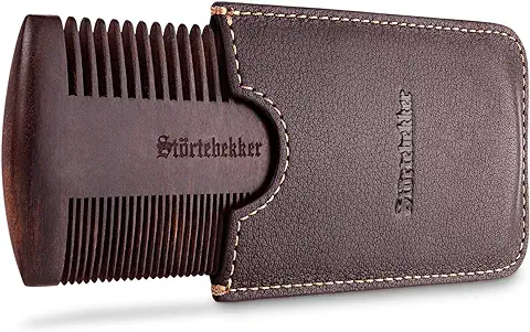 Peine de Madera para Barba de Primera Calidad con Estuche de Cuero Hecho a mano - Idea de Regalo Perfecta - Da Forma a cada Barba Gracias a la Dentadura de Doble cara  