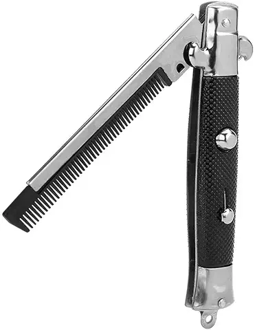 Peine de Navaja, Peine para el Cabello con Aceite Cepillo de Metal con Salto de Resorte Peine para el Cabello de Bolsillo con Dientes Anchos y Finos para Barba, Bigote, Cabeza Mango de Perla Negra  