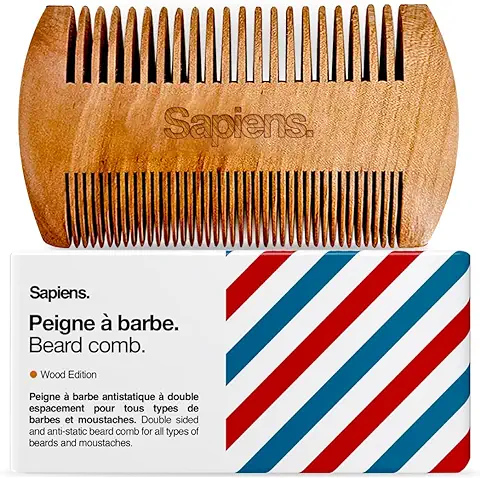 Peine para Barba Sapiens Barber Shop - Madera de Pera Ultra Ligera - Peine para Barba Antiestático con Doble Espaciado para el Cuidado y Mantenimiento de la Barba - Ideal para Peinar la Barba  