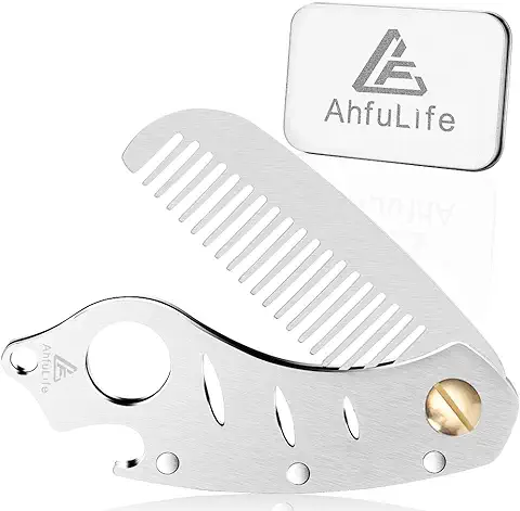 Peine para Barba y Cabello de Metal de Acero Inoxidable, Peine de Bolsillo EDC Plegable Multifuncional con Abrebotellas para Llavero, Peine Antiestático para el Cuidado del Cabello y la Barba  