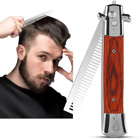 Peines de Navaja de Conmutación - 8.9 Pulgadas 4 Colores Botón de Resorte Plegable Peine de Bolsillo Peine de pelo de Acero Inoxidable Peine de Bolsillo para Barba de pelo Estilo de Bigote(MADERA)  