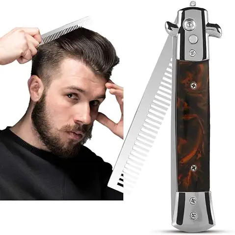 Peines de Navaja de Conmutación ，8.9 Pulgadas 4 Colores Botón de Resorte Plegable Peine de Bolsillo Peine de pelo de Acero Inoxidable Peine de Bolsillo para Barba de pelo Estilo de Bigote(MARRÓN)  