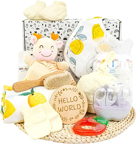 PEKEL'S Canastilla para Bebé Recién Nacido - Caja de Regalo de Bienvenida con Ropa de Algodón, Pañales y Toallitas Biodegradables, Peluche y Más - Algodón Hipoalergénico - Unisex  