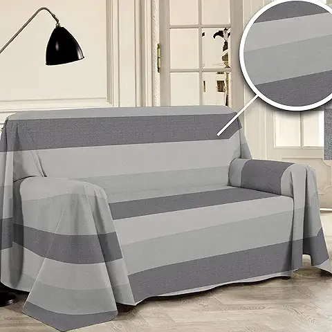 PENSIERI DELICATI Funda de Sofá 250 x 290 cm Made in Italy, Toalla 100% Algodón Puro Reciclado Teñido de Hilo, Fantasía Banda Gris, Ideal como Tela Decoración, Cubre Sofá, Manta Pícnic  