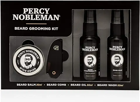 Percy Nobleman Kit de Cuidado para Barba. Un Set de Regalo para Hombres que Contiene un Aceite para Barba con Fragancia Exclusiva, Jabón para Barba, Bálsamo para Barba y Peine para Barba  