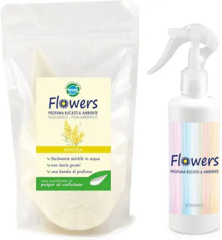 Perfuma Bucato, Mimosa - Ecológico en Polvo, 200 g Kit con Pulverizador Ambientador  