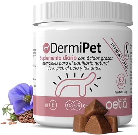 Petia Vet Health - Dermipet - Complemento Alimentario Específico para el Cuidado de la Piel, Pelo y Uñas de Perros y Gatos - 1 Bote de 60 Chews  