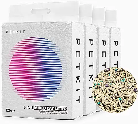 PETKIT Arena Mixta para Gatos 5 en 1, Enjuagable, Sin Olores, con Carbón Activado, Ultra Absorbente y de Secado Rápido(Cuatro Bolsas)  