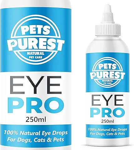 Pets Purest Gotas Oculares para Perros, Gatos y Mascotas 250ml - Solución Limpiadora de Ojos 100% Natural para el Tratamiento del Picor, Irritación y Lagrimeo de Ojos - Resultados Rápidos en 3 Días  