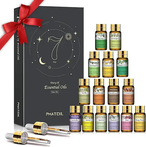 PHATOIL Juego de Aceites Esenciales (100% Lavanda Pura, Eucalipto, Jazmín, Limoncillo, Naranja Dulce, Sándalo, Menta, Vainilla, Rosa, Limón, Ylang, Manzanilla, árbol de Té, Canela, Romero  