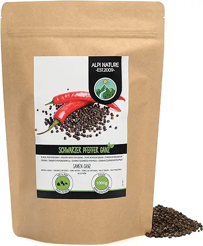 Pimienta Negra Granos (1kg), Granos de Pimienta Negra 100% Naturalmente Pura, Pimienta Negra Entera Especia Natural sin Aditivos, Vegana  