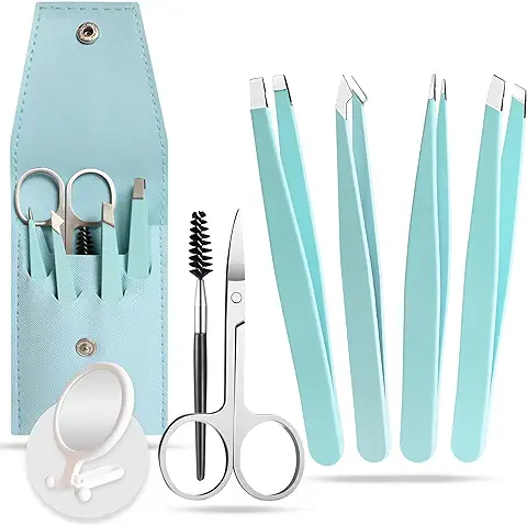 Pinzas Cejas, Pinzas Depilar Profesionales, con Espejo Aumento x10, Set 4 Tipos Pinza Depilar, un Cepillo Cejas y Tijeras Cejas. Regalo Pareja, Pinzas Cejas Profesional, Pinza ceja Pinzas de Depilar.  