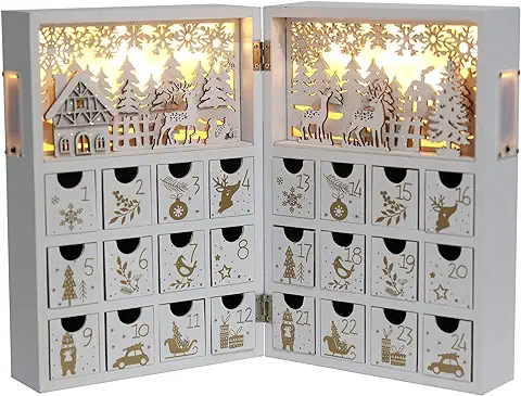 Pioneer-EffortChristmas,Calendario de Adviento de Madera con Luces LED, Color Blanco y Dorado, Decoración del Hogar para Adultos y Niños (blanco y Dorado, con luz)  