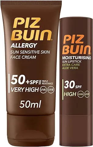 Piz Buin, Allergy, Pack con Protector Solar Facial SPF 50 y Protector Labial SPF 30, 50 ml  
