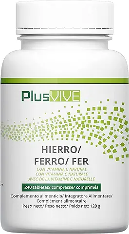 Plusvive - Suplemento de Hierro y Vitamina C con Papaína y Espirulina para Mejorar la Biodisponibilidad, 240 Cápsulas  
