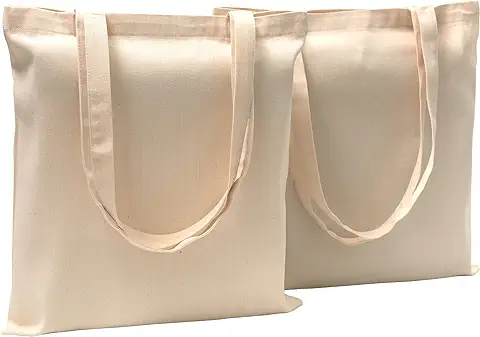 POLHIM-Bolsa Tela 100% Algodón Biodegradable,Lavable,Reutilizable-Asas Largas de 70cm.para Ropa,Manualidades,Alimentos,Verduras,IR de Paseo y Uso Diario.Medidas 38x42cm,Densidad 220gr/m2,Natural  