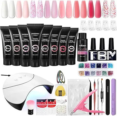 Poly Uñas Gel Kit, Phoenixy 8 Colores Básicos 15ml Kit de Extensión de Uñas Gel con 36W LED Lámpara, Kit Uñas de Gel con Pegatinas para Uñas DIY en Casa  