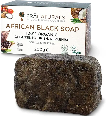 PraNaturals Jabón Negro Africano 200g, Orgánico y Vegano para Todo Tipo de Pieles, de Origen y Artesanal en Ghana Tropical  