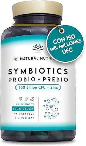 Probioticos 150 mil Millones UFC y 20 Cepas. Máxima Concentración de Probioticos y Prebioticos Intestinales y Zinc. Terapia de Choque 76 Días. Colon Irritable y Gases. Vegano. CE. N2 Natural Nutrition  