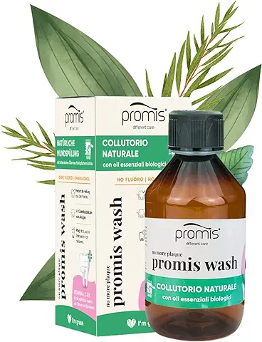 Promis wash Enjuague Bucal Natural sin Alcohol y sin Flúor con Vitaminas A, C y E | Para Encías Sensibles | Vegano | Etiqueta Ecológica AIAB | Aceites Esenciales Ecológicos | Envase Reciclable  