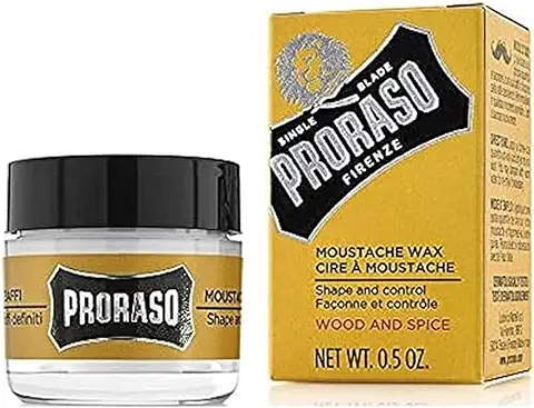 Proraso Cera bigote, Wood and Spice, 15 ml, cera barba y bigote con manteca de karité para peinar el vello facial y cera de abejas, con aroma amaderado