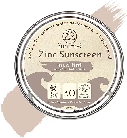 Protector Solar Natural Mineral Zinc FPS 30 Suntribe - 45 g, Cacao, Ecológico - 100% Natural, Seguro para Arrecifes - Surf & Deporte - Filtro UV Mineral - Muy Resistente al Agua  