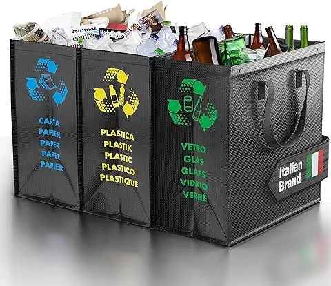 PTMS® Cubos de Basura de Reciclaje - 3 Cubo Basura Reciclaje para Vidrio, Papel y Plástico - Bolsas Reciclaje en Colores Estándar - Papelera Cocina Fácil de Vaciar (Black Edition)  