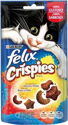 Purina Felix Party Mix Crispies Snacks, Golosinas y Chuches para gato Buey y Pollo 8 x 45 g  