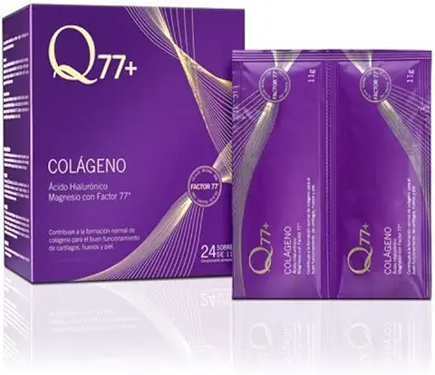 Q77+ - Suplemento de Colágeno Hidrolizado con Ácido Hialurónico y Magnesio - Salud de Piel, Cabello, Cartílagos y Huesos - 24 Sobres  